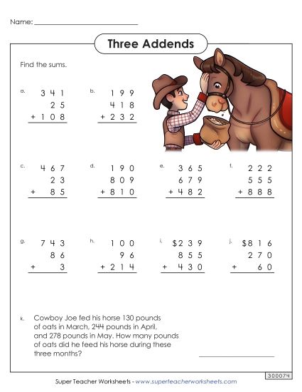 Three-Digit - 3-Digit Numbers, 3 Addends (Printable PDF Worksheet)