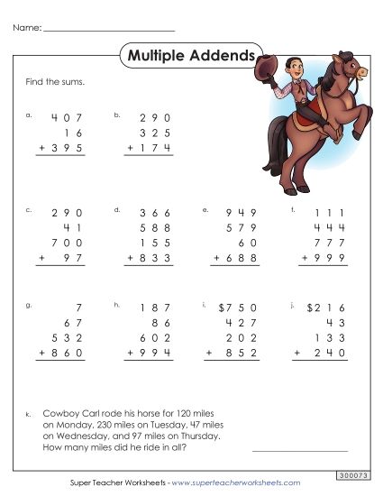Three-Digit - 3-Digit Numbers, 4 Addends (Printable PDF Worksheet)