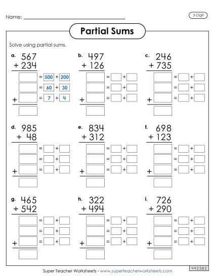 Partial Sums - 3-Digit Partial Sums Addition (Printable PDF Worksheet)