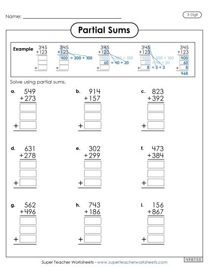 Partial Sums - 3-Digit Partial Sums Addition (with Example) (Printable PDF Worksheet)