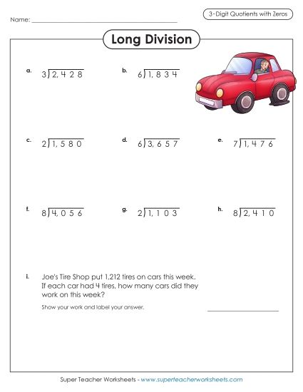 Quotients with Zero - 3-Digit Quotients including Zeroes (Printable PDF Worksheet)