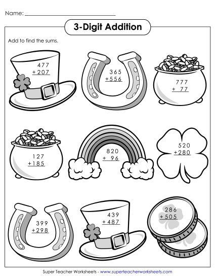 St. Pat's Addition - 3-Digit St. Patrick's Addition (Printable PDF Worksheet)