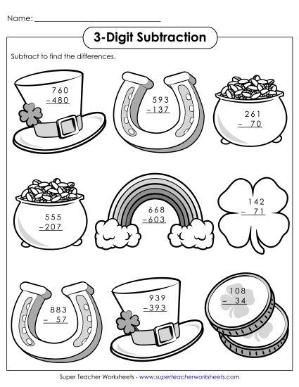 St. Pat's Subtraction - 3-Digit St. Patrick's Subtraction (Printable PDF Worksheet)