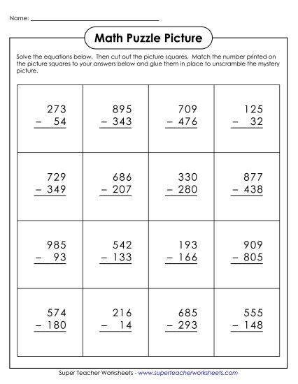 Back-to-School Math - 3-Digit Subtraction: Cut-and-Glue Mystery Picture Puzzle (Printable PDF Worksheet)