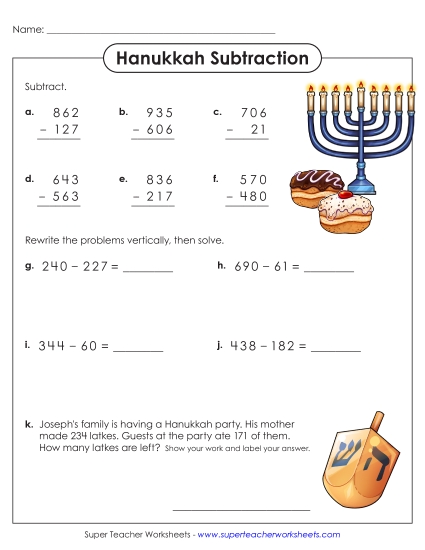 Hanukkah Math Worksheets - 3-Digit Subtraction - Hanukkah (Printable PDF Worksheet)