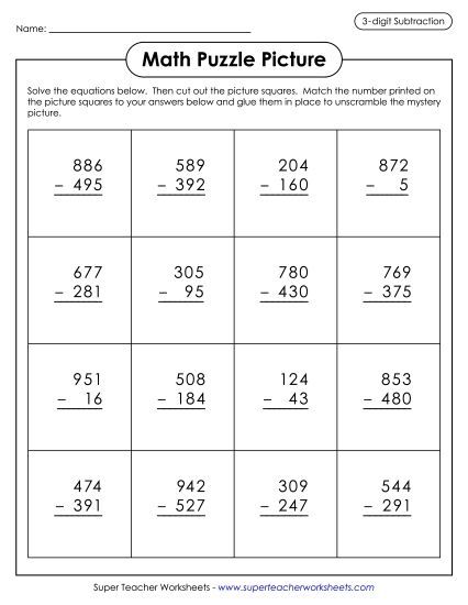 Christmas Subtraction - 3-Digit Subtraction: Match Puzzle Picture (Santa) (Printable PDF Worksheet)