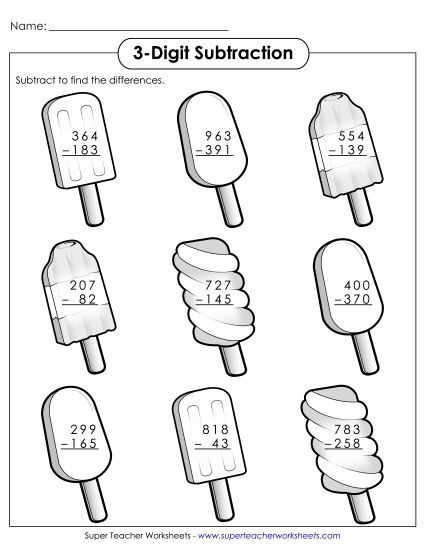 Summer Subtraction - 3 - Digit Subtraction Popsicles (Printable PDF Worksheet)