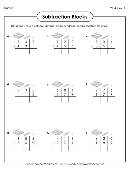 3-Digit Subtraction Worksheets - 3-Digit Subtraction with Place Value Blocks (Printable PDF Worksheet)