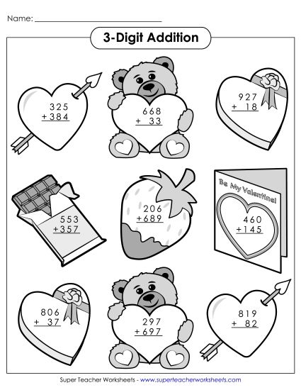 Valentine Addition - 3-Digit Valentine's Addition (Printable PDF Worksheet)