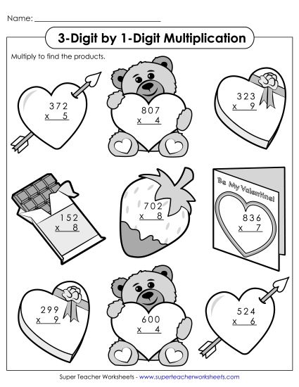 Valentine Multiplication - 3-Digit Valentine's Multiplication (Printable PDF Worksheet)