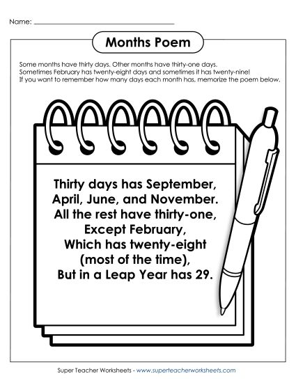 Calendars (Intermediate) - 30 Days Has September (Poem) (Printable PDF Worksheet)