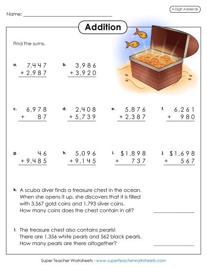 4-Digit Addition - 4-Digit Addition Practice (Printable PDF Worksheet)