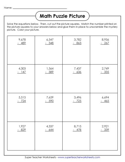 4-Digit Subtraction Worksheets - 4-Digit: Astronaut Picture Puzzle (Printable PDF Worksheet)
