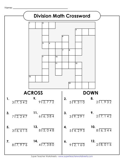 4-Digit Dividends - 4-Digit Dividend Division Crossword (Printable PDF Worksheet)