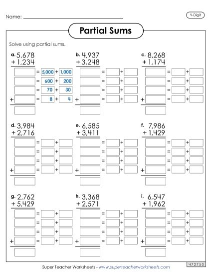 Partial Sums - 4-Digit Partial Sums Addition (Printable PDF Worksheet)