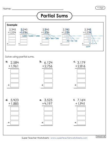 Partial Sums - 4-Digit Partial Sums Addition (with Example) (Printable PDF Worksheet)