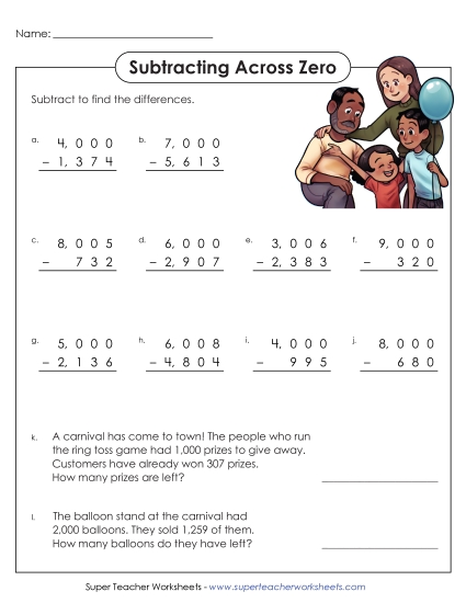 4-Digit Subtraction Worksheets - 4-Digit Subtraction (Across Zero) (Printable PDF Worksheet)