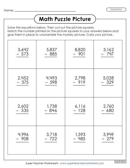 Winter Subtraction Worksheets - 4-Digit Subtraction - Figure Skater Picture Puzzle (Printable PDF Worksheet)