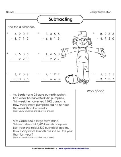 Subtraction - 4-Digit Subtraction (Printable PDF Worksheet)