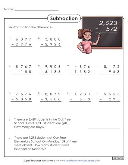 4-Digit Subtraction Worksheets - 4-Digit Subtraction (Printable PDF Worksheet)
