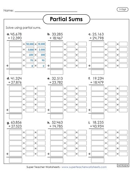 Partial Sums - 5-Digit Partial Sums Addition (Printable PDF Worksheet)
