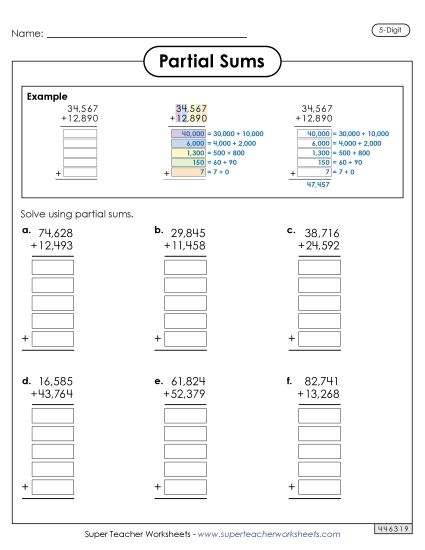 Partial Sums - 5-Digit Partial Sums Addition (with Example) (Printable PDF Worksheet)