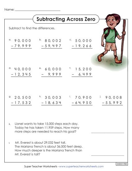 Worksheets - 5-Digit Subtraction (Across Zero) (Printable PDF Worksheet)