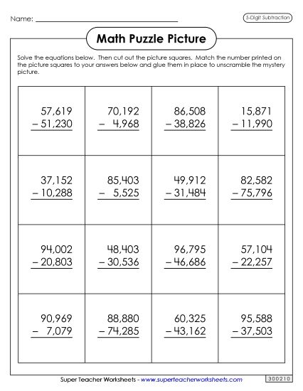 Worksheets - 5-Digit Subtraction: Astronaut Puzzle Picture (Printable PDF Worksheet)