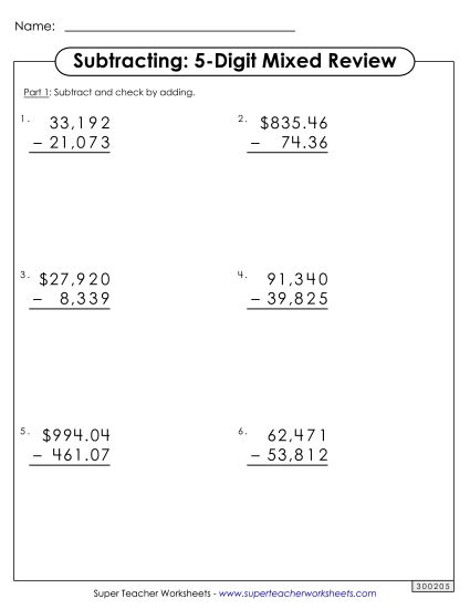 Worksheets - 5-Digit Subtraction: Mixed Review (Printable PDF Worksheet)