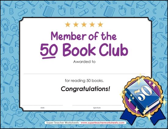Reading & Writing Awards - 50 Book Award (Printable PDF Worksheet)