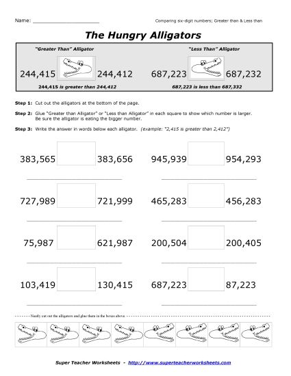 Comparing Numbers - 6-Digit Alligators (Printable PDF Worksheet)
