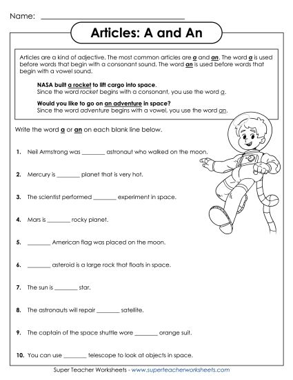 Basic Level - A and An - Space Theme (Printable PDF Worksheet)