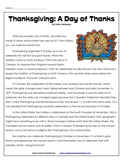 Thanksgiving Reading Comprehension - A Day of Thanks (Non-Fiction) (Printable PDF Worksheet)