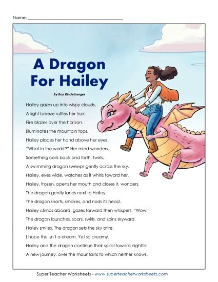 Poems - A Dragon for Hailey (Poem) (Printable PDF Worksheet)