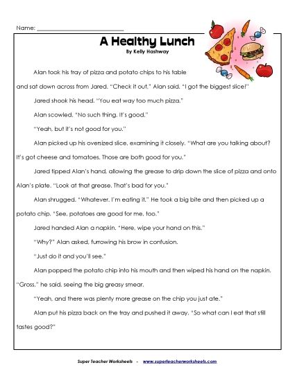 Reading Comprehension Stories & Poems - A Healthy Lunch  (Printable PDF Worksheet)