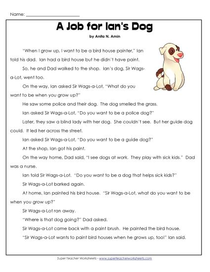 Ian and Sir Wags-a-Lot Stories (Fiction) - A Job for Ian's Dog (Printable PDF Worksheet)
