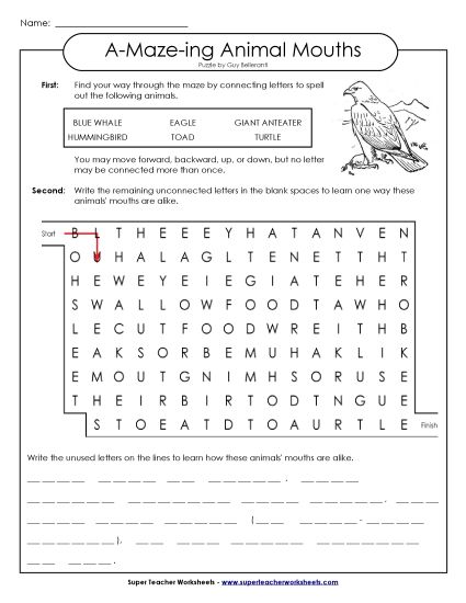 A-Maze-ing Puzzle: Toothless Animals (Printable PDF Worksheet)