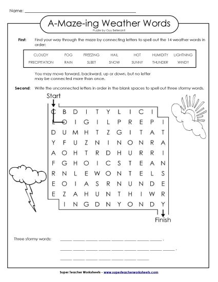 A-Maze-ing Puzzle: Weather Words (Printable PDF Worksheet)
