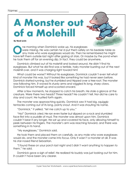 Fiction Stories - A Monster out of a Molehill (Fiction) (Printable PDF Worksheet)