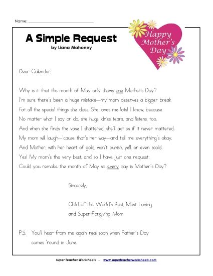Holiday Poems - A Simple Request (Mother's Day) (Printable PDF Worksheet)