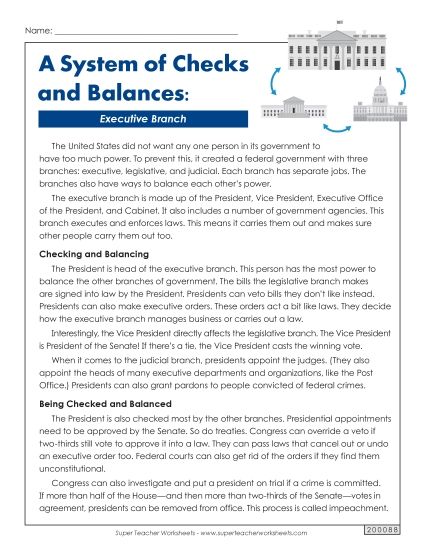 Reading Comprehension - A System of Checks and Balances: Executive Branch Passage (Printable PDF Worksheet)