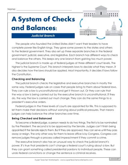 Nonfiction Articles - A System of Checks and Balances: Judicial Branch (Printable PDF Worksheet)