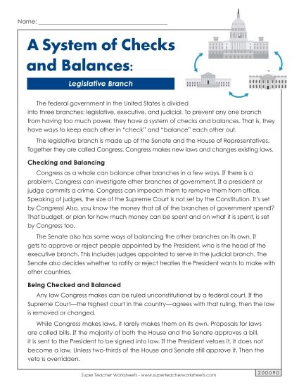 Nonfiction Articles - A System of Checks and Balances: Legislative Branch (Printable PDF Worksheet)