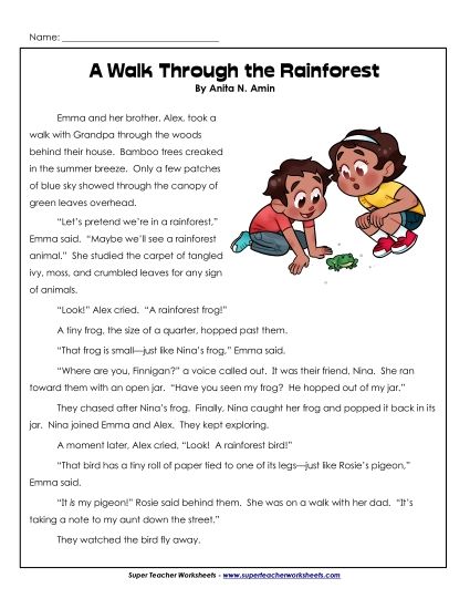 Fiction Stories - A Walk Through the Rainforest (Fiction)  (Printable PDF Worksheet)