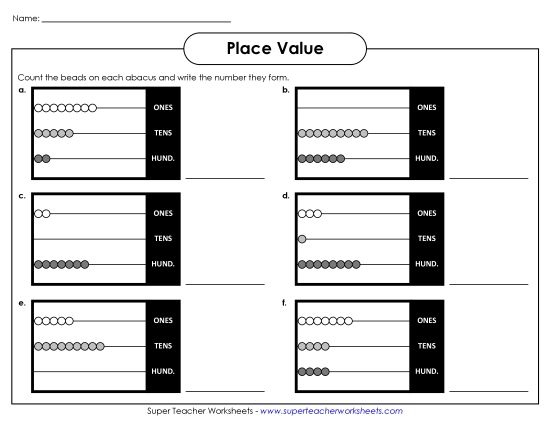 Place Value - Abacus Place Value (3 Digit) (Printable PDF Worksheet)