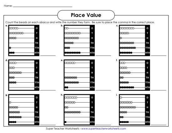 Place Value - Abacus Place Value (6-Digit) (Printable PDF Worksheet)