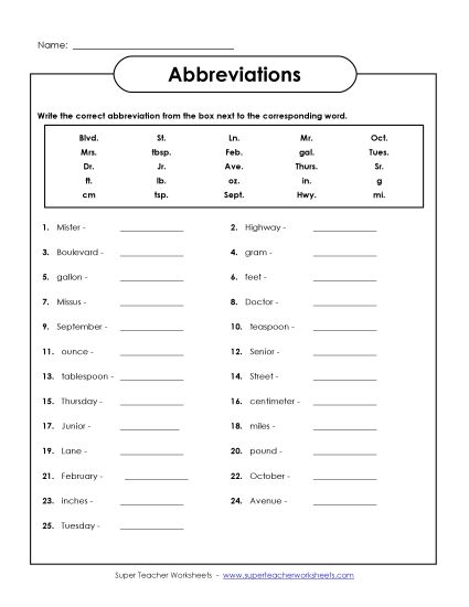 Mixed Abbreviations - Abbreviation Match (Printable PDF Worksheet)