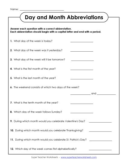 Days and Months - Abbreviation Questions (Printable PDF Worksheet)