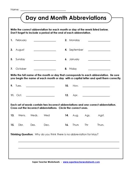Days and Months - Abbreviations for Days and Months (Printable PDF Worksheet)