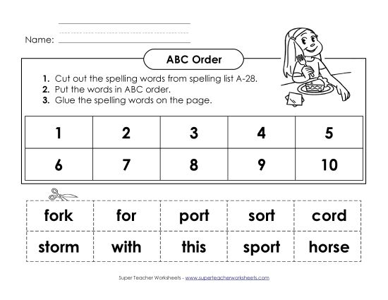 ABC Order - ABC Order: Cut and Glue (A-28) (Printable PDF Worksheet)